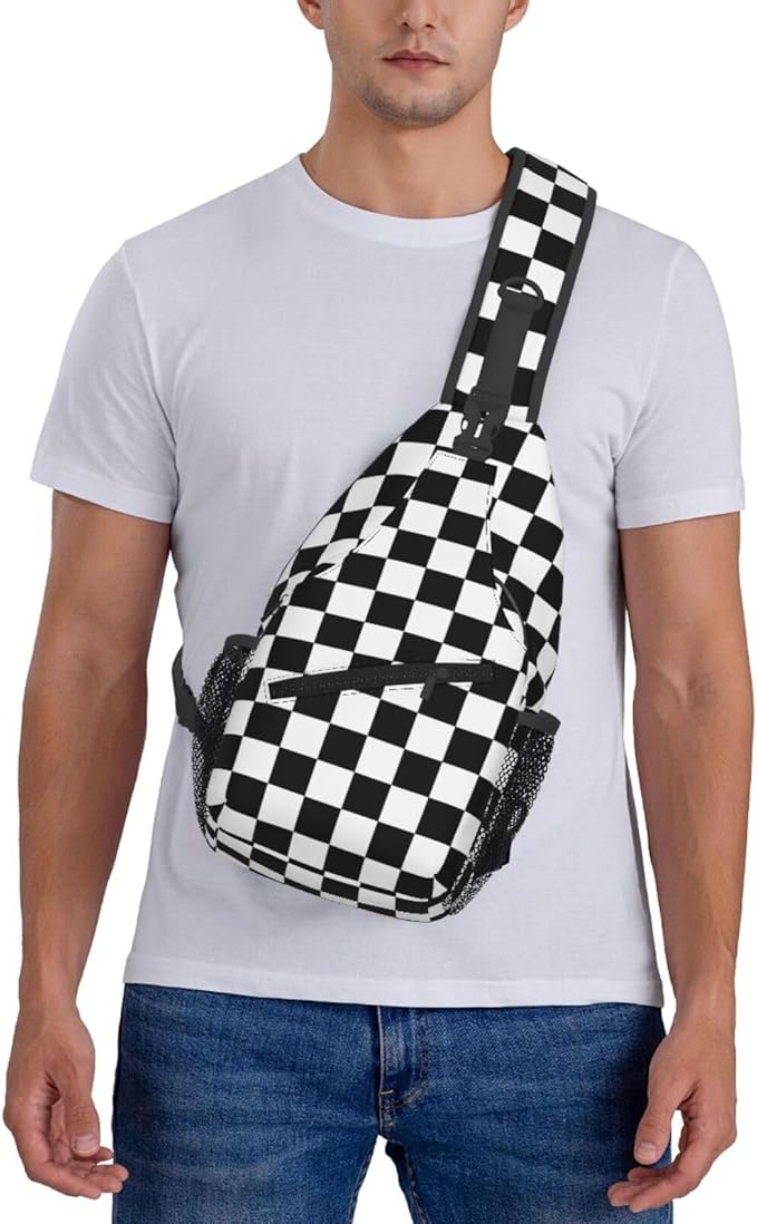QFXUYNG Black White Race Checkered Flag Adult Sling Bag Unisex Chest Bags Crossbody Backpack Casual Daypacks Shoulder Bag for Women Men Cycling Hiking Travel