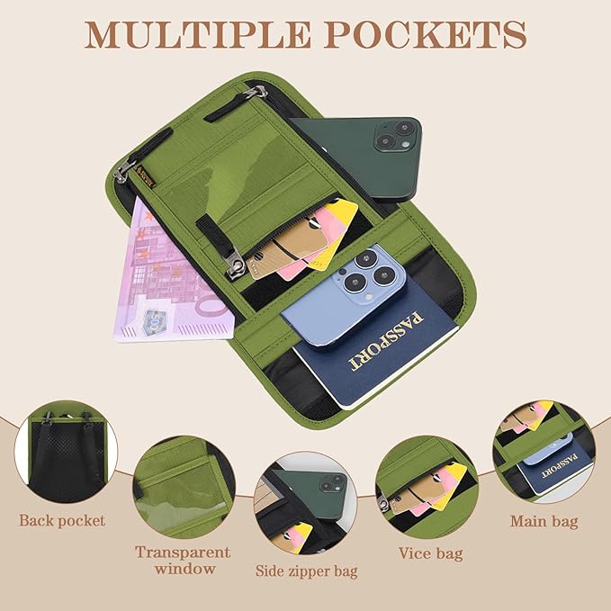 Passport Holder for Travel, Neck Pouch Travel Wallet With RFID Blocking, Waterproof Lightweight Passport Wallet for Women and Men (Green)