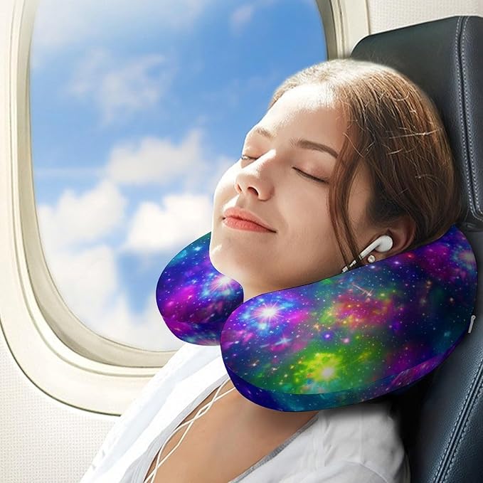 Cute Decorative Travel Neck Pillow Memory Foam Chin Cushion Colorful Galaxy Nebula, Washable Cover for Women Airplane Car Home Sleeping Rest