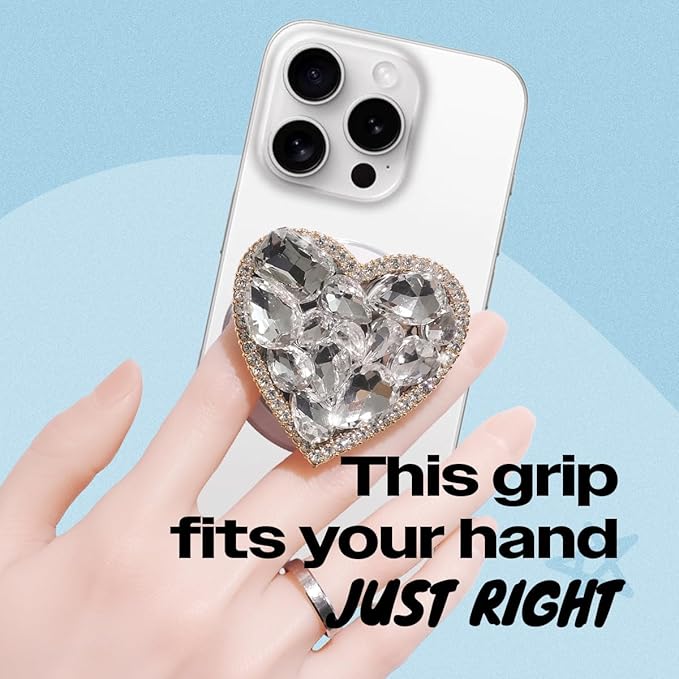 OnTheGrip Compatible with Magsafe Cute Cubic Diamond Heart Shape Design Collapsible Mobile Phone Grip Stand Holder for Smartphone Tablet Cell Phone Accessory (Gold Big)