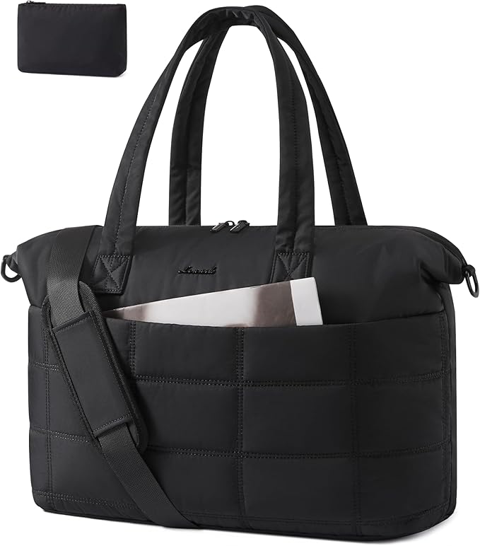 LOVEVOOK Quilted Duffle Bag for Travel,48L Gym Bag for Women with Wet Pocket,Water Resistant Weekender Overnight Bag Tote Bag for Women with Laptop Compartment(Black)