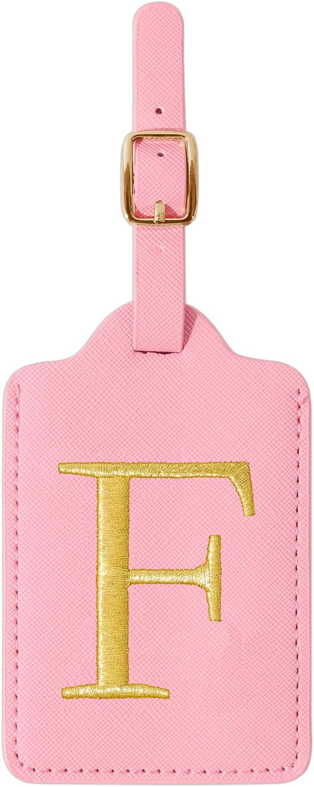 Personalized Initial Luggage Tags for Suitcase, Pink Leather Cute Luggage Tags with Privacy Cover Name Card, Embroidered Custom Monogrammed Luggage Tag Travel Bag Baggage Tags Gifts for Women Kids(F)