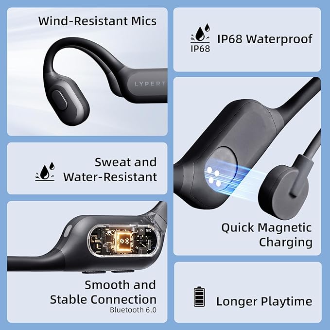 LYPERTEK Bone Conduction Bluetooth Headphones,Open Ear Wireless Bluetooth Sport Headphones,32GB MP3 Player Workout Earphones for Running, IP68 Waterproof Underwater Earbud for Swimming, S30-Black