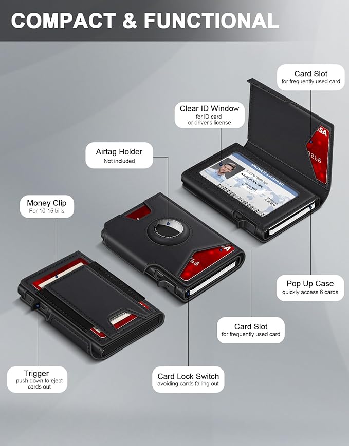 Airtag Wallet for Men, Minimalist Slim Mens Wallet Smart Pop Up Credit Card Holder for 9-13 Cards, RFID Blocking Wallet with ID Window & Cash Slot, Compact Bifold Metal Aluminum Card Case