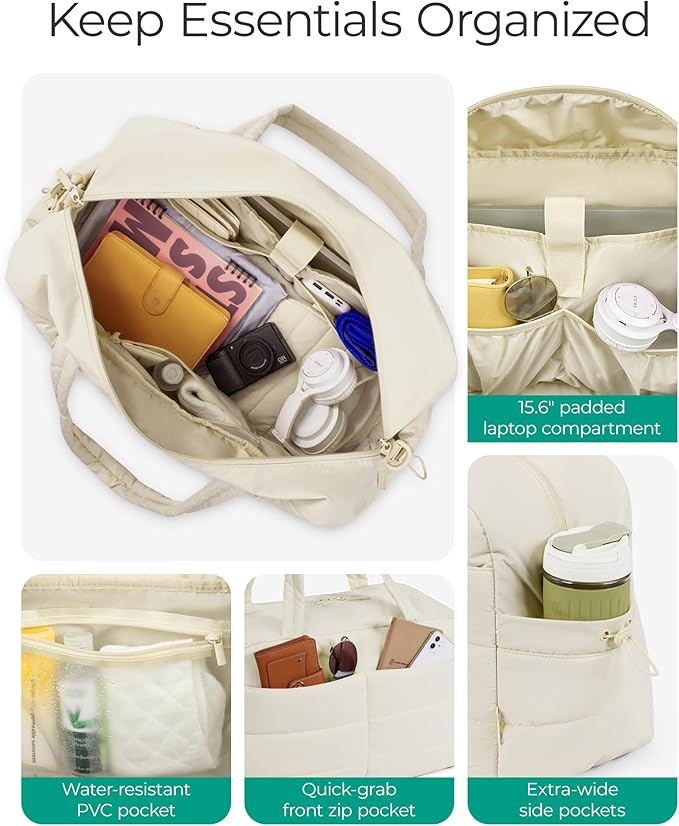 BAGSMART Gym Bag for Women, Lightweight Puffer Duffle Bag 2-PC Travel Bag, 31L Weekender Overnight Bag Quilted Carry On Tote Bag, Diaper Hospital Dance bag for Travel, Gym, Water Resistant, Beige