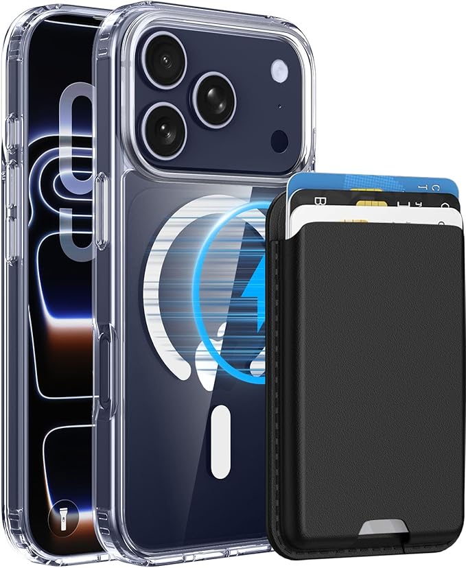 Ntwinro Magnetic for iPhone 17 Pro Clear Case (Compatible with MagSafe) with Black Detachable Wallet & Card Holder for 3 Cards [RFID Blocking] Military Grade Protective Slim Phone Cover