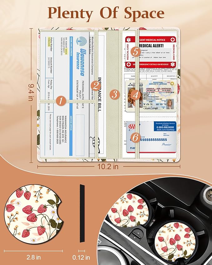 Slohif Car Registration and Insurance Holder - Strawberry Vehicle Glove Box Organizer Women with Magnetic Shut Leather Automobile License Holders Coasters Auto Accessories Case for Document
