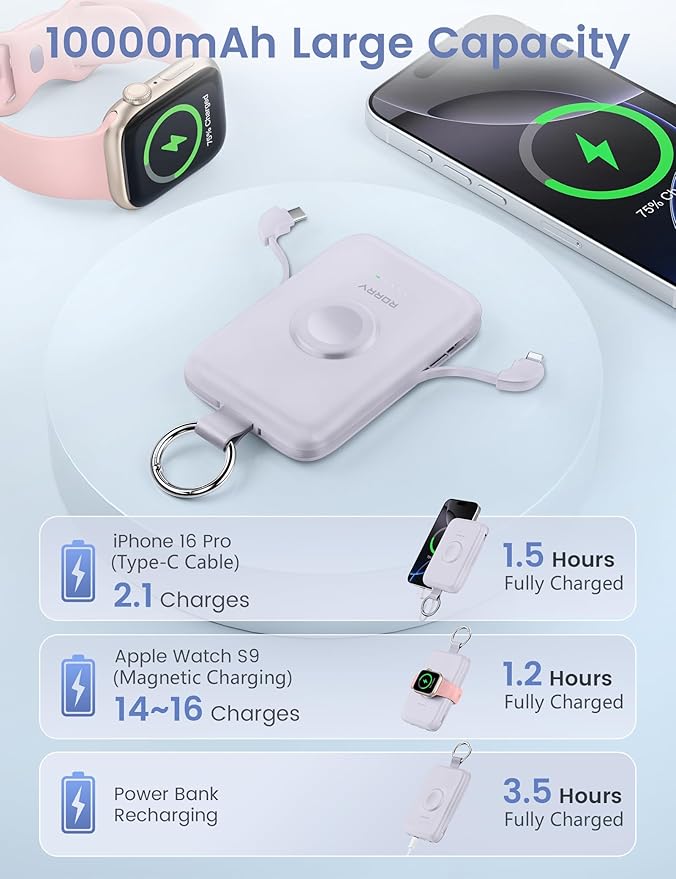 RORRY Portable Charger, 10000mAh PD 20W Fast Charging Portable Charger Power Bank with Built in Cables, Travel Battery Pack for iPhone 17/16/15/14/13/12 and Apple Watch Ultra/11/10/9/8/7/6/5, Purple