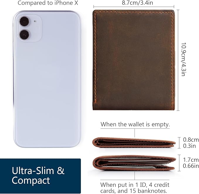 LnxLtw Men's Slim Front Pocket Bifold Wallets Full Grain Leather RFID Blocking with ID Window & Gift Box, Simple Design Minimalist Picture Holder for Men (Coffee)
