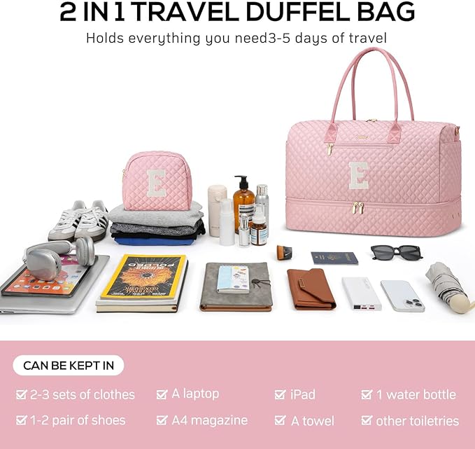 Letter Weekender Bags for Womens - Duffle Bag with Shoe Compartment Personalized Overnight Bag with Toiletry Bag Duffel Bags for Gym Hospital Bags Gift for Women Pink (Letter E)