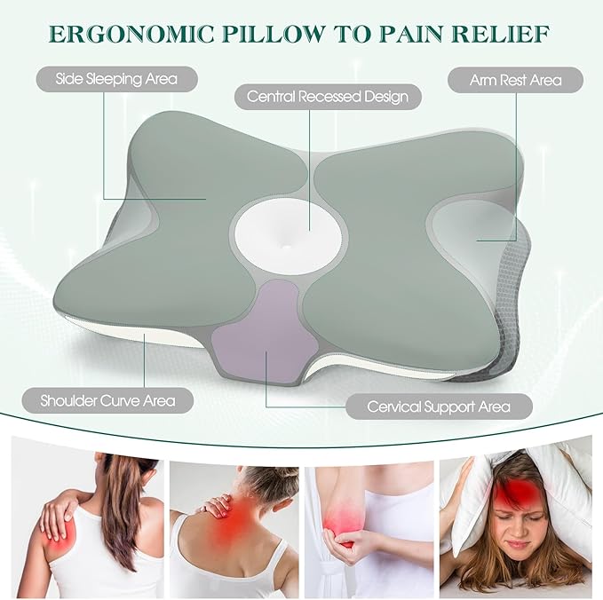 Cervical Pillow for Neck Pain Relief - Ergonomic Memory Foam Contour Pillows with Cooling Cover & Adjustable Heights, Orthopedic Cervical Pillow for Side, Back & Stomach Sleepers (Grey)