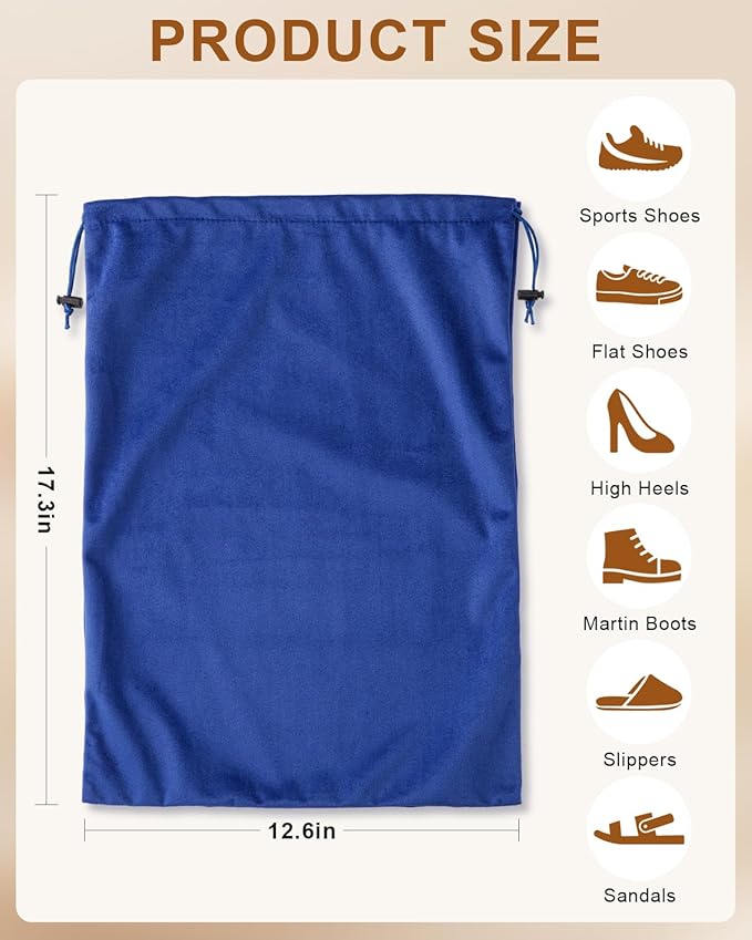 FantasyLife Shoe Bags for Travel, Washable Dust Bags for Storage & Packing, Flannel Shoe Pouch with Drawstring Closure for Purses, Handbags, Shoes & Toys (2, Palace Blue)