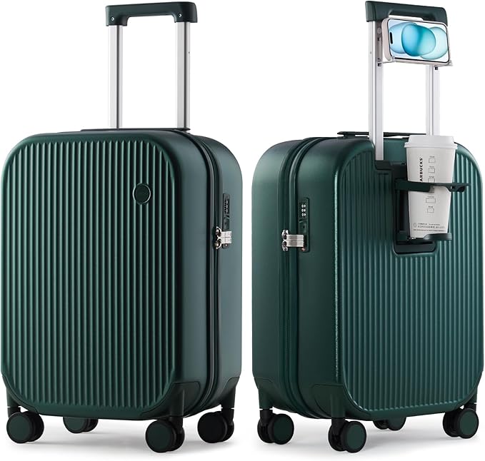 mixi Carry On Luggage with Cup Phone Holder Hard Shell Rolling Travel Suitcases with Spinner Wheels,20 Inch Blackish Green