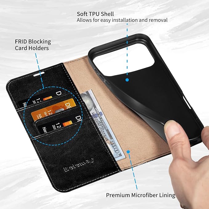 Belemay Leather Wallet Case Compatible with iPhone 17 Pro, Premium Cowhide Leather Two-Tone Effect, RFID Blocking Card Holders, Shockproof TPU Shell, Kickstand, Protective Flip Cover, 6.3", Black