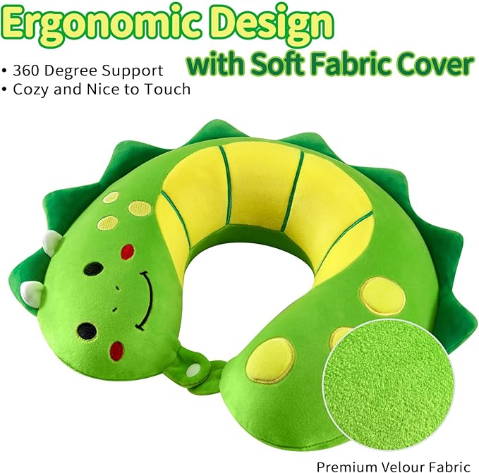 Travel Neck Pillow for Kids, Dinosaur Memory Foam Pillow with Cute Sleep Mask & Earplugs, Lightweight Travelling Pillow Set for Airplane, Car, Train, Bus and Home Use (Green)