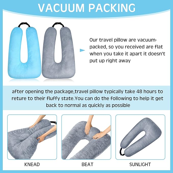 Barydat 2 Pcs Car Travel Pillow for The Back Seat 28 x 18 in Sleeping Reading Pillows for Long Distance Travel Car Cushion for Kids Adults Head and Body Support U Shaped Pad for Travel(Gray, Blue)