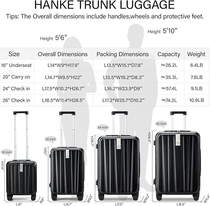 Hanke 20 Inch Carry-On Luggage PC Hard Shell Suitcases for Travel Front Opening Aluminum Frame Travel Luggage Rolling Suitcase with Wheels for Women Man Gifts.(Jet Black)