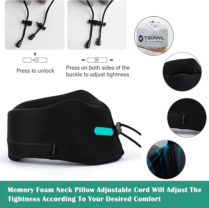 GOLDORANGE Travel Pillow Neck Chin Head Support Best Memory Foam Neck Pillows for Unisex Airplane Car Home Sleeping Rest with Compact Carry Bag Black M