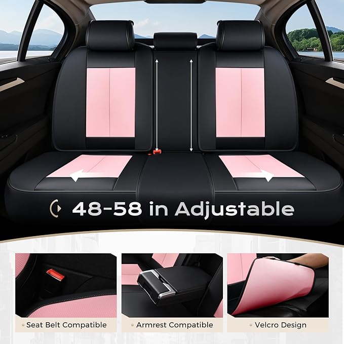 Coverado Car Seat Covers Full Set, Seat Covers for Cars, Black Car Seat Covers Front Seats and Back Car Seat Protector Waterproof, Leather Car Seat Cushion Universal Fit for Most Cars Pink