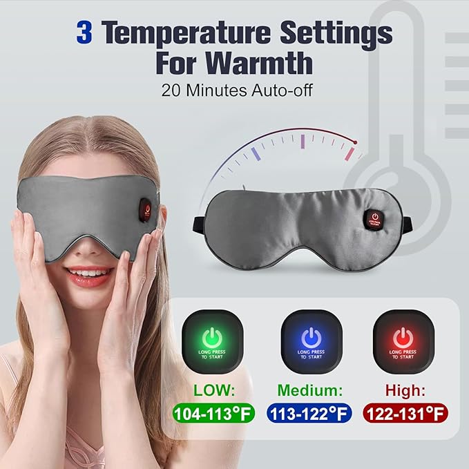 Heated Eye Mask, Rechargeable Detachable Washable Faux Silk Electric Cordless Dry Eyes Warmer Compress Graphene Sleep Mask Travel Gifts for Men Women, 3 Heat Levels & Auto-Off, Gray