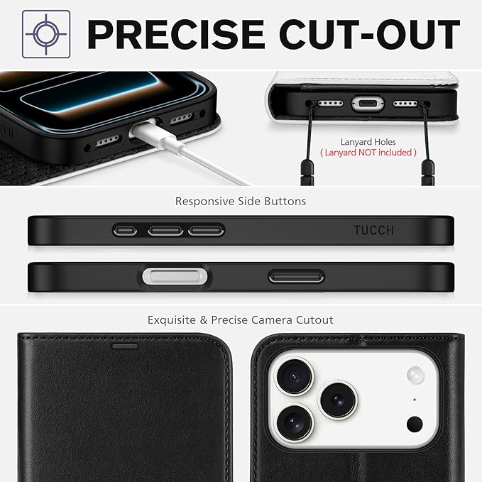 TUCCH Wallet Case for iPhone 17 Pro Max (6.9") 2025, 4 Card Holders, RFID Blocking, Stand, Shockproof TPU Shell, PU Leather, Magnetic Closure, Protective Flip Folio Cover, Black & White