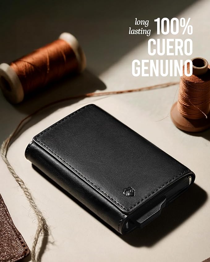 YESIIW Mens Slim Wallet with Premium Genuine Leather - Pop up Mens Wallet Card Holder for 8-10 Card Capacity | ID Window | Cash Slot | Coin Pocket | RFID Blocking - Slim Wallet for Men (Black)