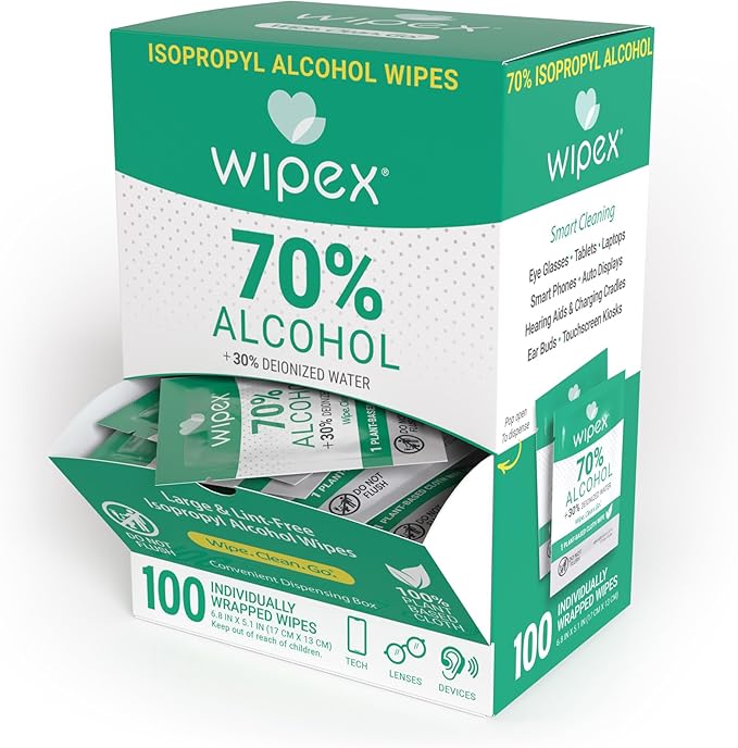 Wipex 70% Isopropyl Alcohol Wipes - Individually Wrapped Sachets, Electronic & Tech Wipes in Dispensing Box, 100 Count (Pack of 1)