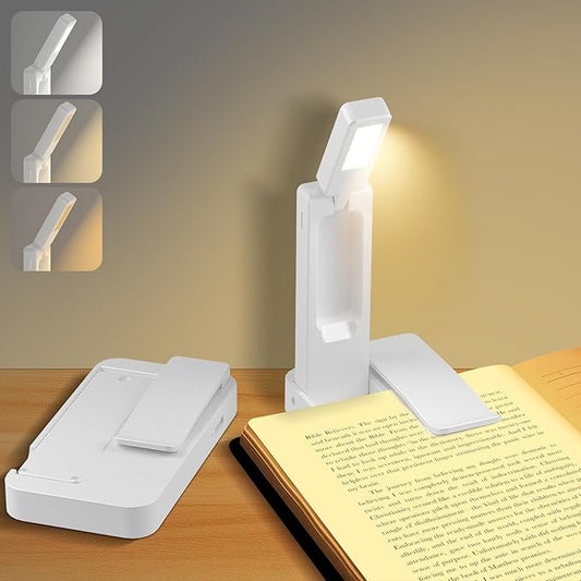 Rechargeable Book Light for Reading in Bed,Foldable & Portable Clip-On Reading Light,3 Color Amber Eye Care & Stepless Dimming,80H Lasting Small LED Desk Lamp for Book Lovers,Office,Home,Travel
