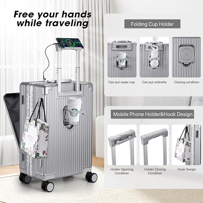 MRPLUM Front Pocket Carry On Luggage,PC Hardside Spinner Wheel Suitcase with TSA Lock,Cup Holder,Phone Holder&USB Charging Port,Silver(1 Piece)