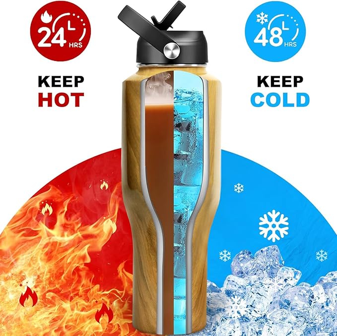 HYDROWION Water Bottle Stainless Steel,Vacuum Insulated Leak Proof Tumbler 32oz with Straw Lid, Spout Lid and Flex Cap(Cold for 48 Hrs, Hot for 24 Hrs), Fit in Any Car Cup Holder, Wood