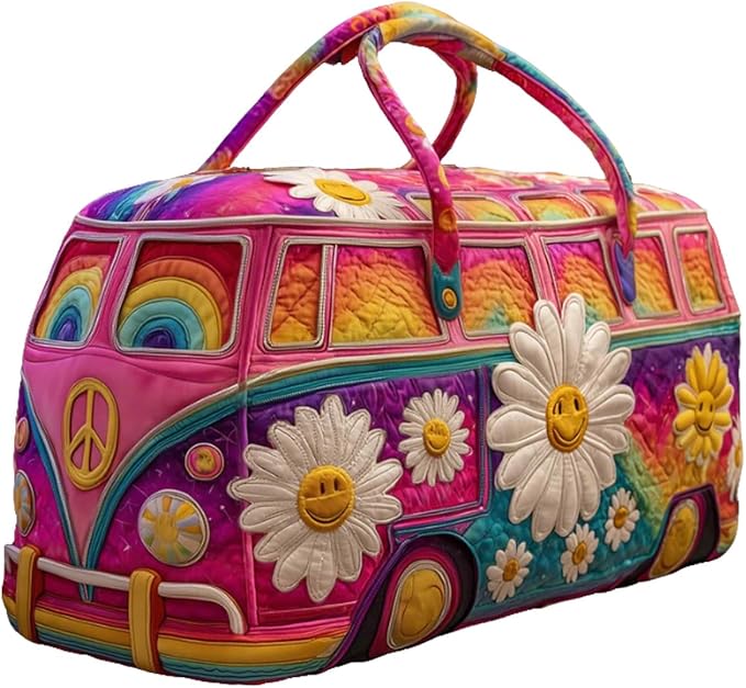Hippie Journey Quilted Duffel Bag Hippie Van Travel Duffel Bag Vintage Floral Weekender Overnight Bags Women Gym Bags