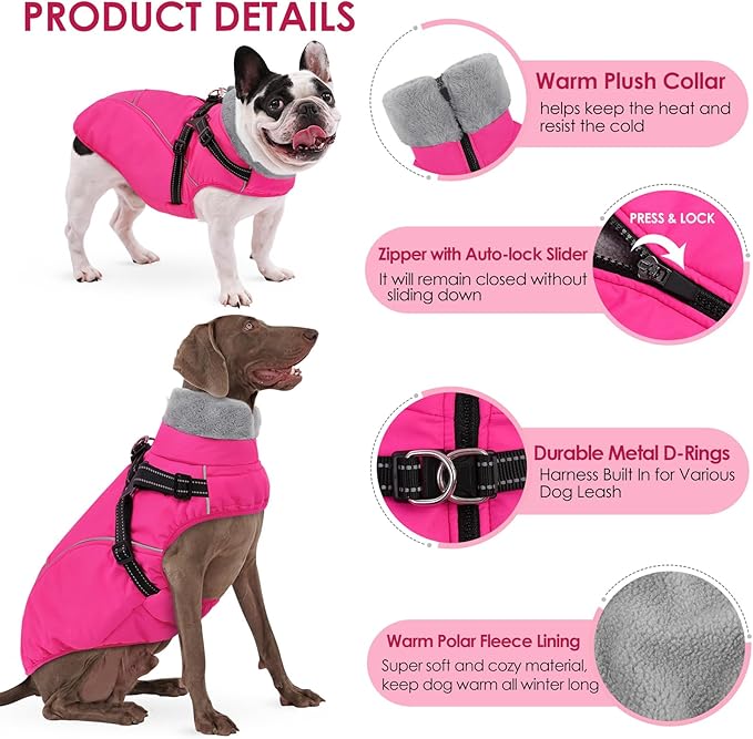AOFITEE Dog Winter Coat, Waterproof Dog Jacket with Harness Built in, Warm Fleece Dogs Coats for Medium Dogs, Reflective Cozy Thermal Pet Puffer Jacket Snowsuit with Zipper & Furry Collar, Pink M