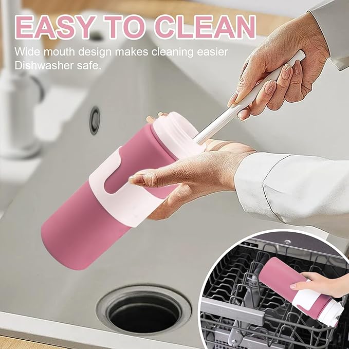 Collapsible Water Bottles for Travel - 26oz BPA-Free Foldable with Carabiner, Lightweight Leak-Proof Design, Portable Reusable Bottle for Hiking, Airplane, Camping (Pink)