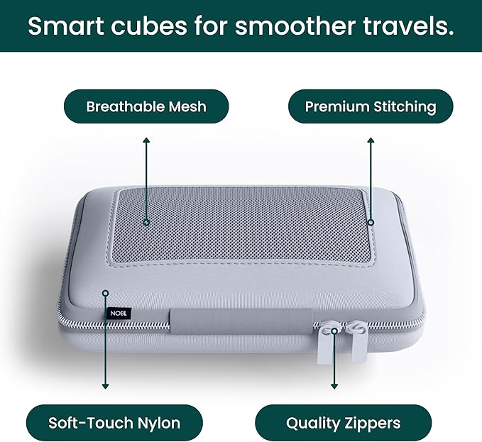 Nobl Travel Compressible Packing Cubes Set, 6 Pieces Travel Packing Organizers, Compression Luggage Cubes for Suitcases & Carry On, Space Saving (XXS, XS, S, M, L, XL) - Cloud