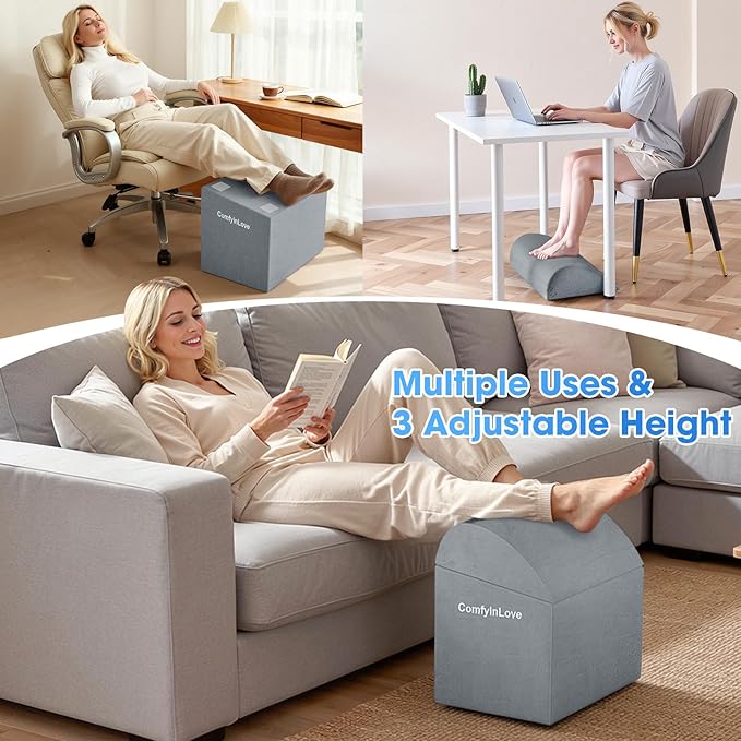 Foot Rest for Under Desk at Work - Non-Slip Foot Stool with 3 Adjustable Heights, Ergonomic Under Desk Footrest with Washable Cover for Desk, Home, Office, Car (Light Grey)