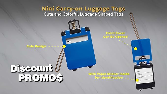 10 Mini Carry-on Luggage Tags Pack - Flip Open Cover, ID Sticker - Blue