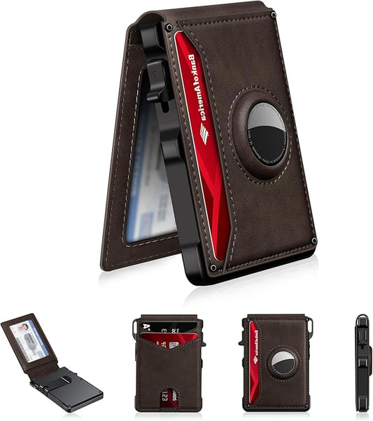 Airtag Wallet for Men, Mens Smart Wallet for Air Tag RFID Blocking, Minimalist Bifold Pop Up Aluminum Credit Card Case Holder 12+ Cards with ID Window, Gift for Men, No Airtag Included, Coffee Brown