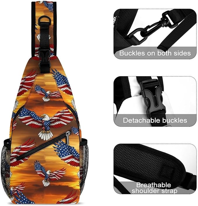 SWEET TANG Cool Sling Backpack American Bald Eagle, Lightweight Sling Shoulder Bag, Outdoor Chest Crossbody Bike Gym Runner Daypack with Adjustable Strap for Men Women