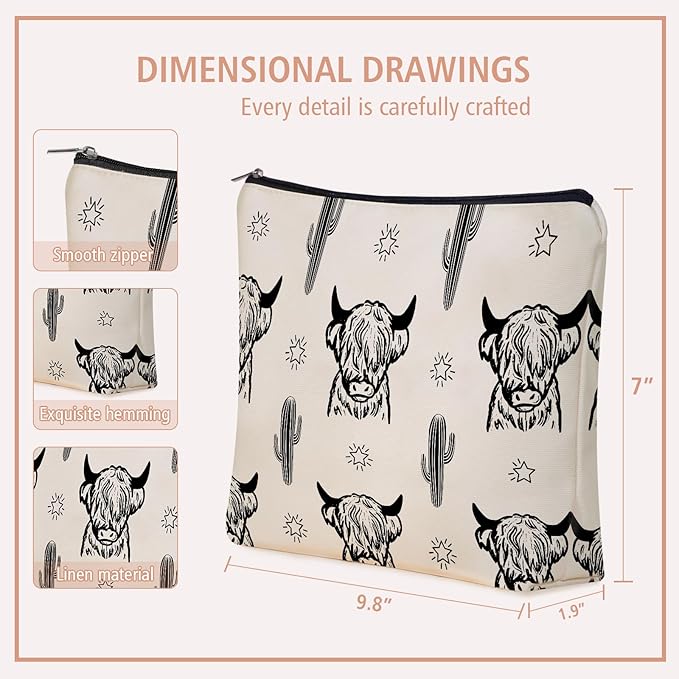 Western Cow Gifts Makeup Bag: Versatile Highland Cow -Themed Cosmetic Bags，Perfect for Teen Girls, Women & Cowgirl Stuff - Ideal Gift for Travel, Parties, Birthdays, Christmas.