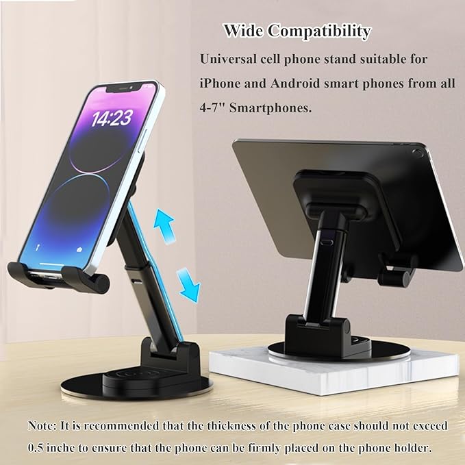 Rotatable Cell Phone Stand for Desk, Height Angle Adjustable Phone Holder Portable Phone Stand Compatible for Most Smartphones iPhone 14, Pro, Pro Max, 13 12 X XS