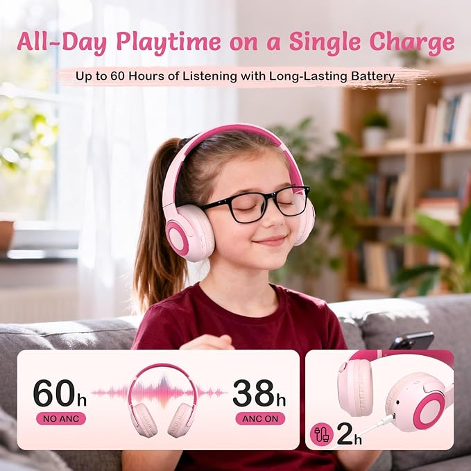 Kids Bluetooth Headphones with ANC, Wireless Over-Ear Headset for Boys and Girls, Foldable & Adjustable, Ideal for School, Travel and Online Learning (Pink)