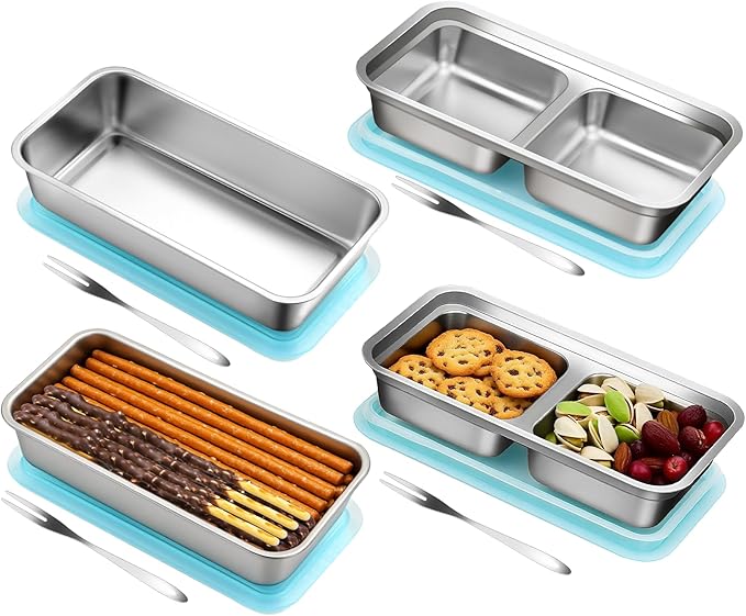 vovoyager Stainless Steel Snack Containers with Lids, Reusable Bento Lunch Container Box, Food Storage, Leak Proof, Dishwasher-Safe, Grab and Go for Work, 2 Single + 2 Double Compartment