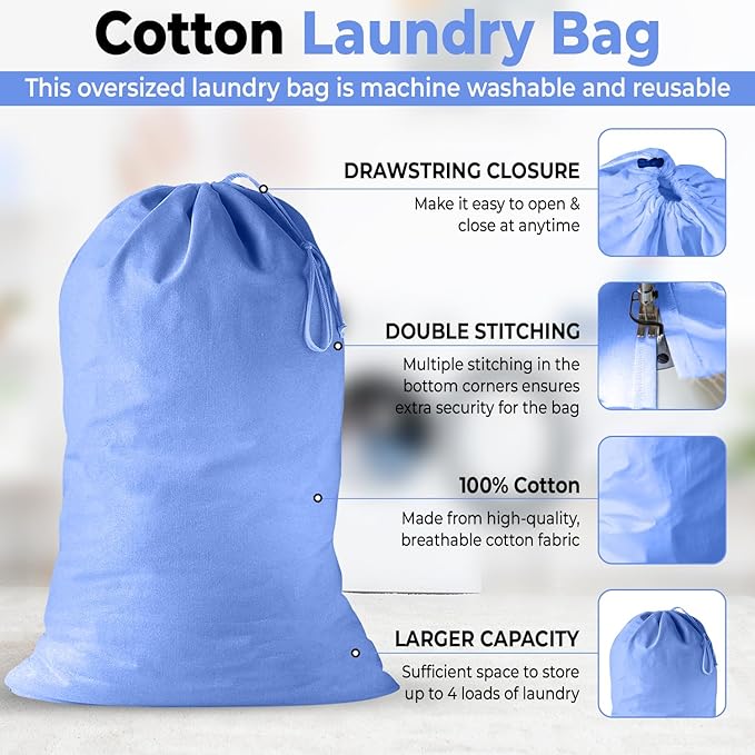 2 Pack - Extra Large Cotton Laundry Bag, Heavy Duty Large Laundry Bags 24 x 36 inch XL Drawstring Travel Organizer Bag Fit Hamper Basket Camp (BLUE, Pack of 2)