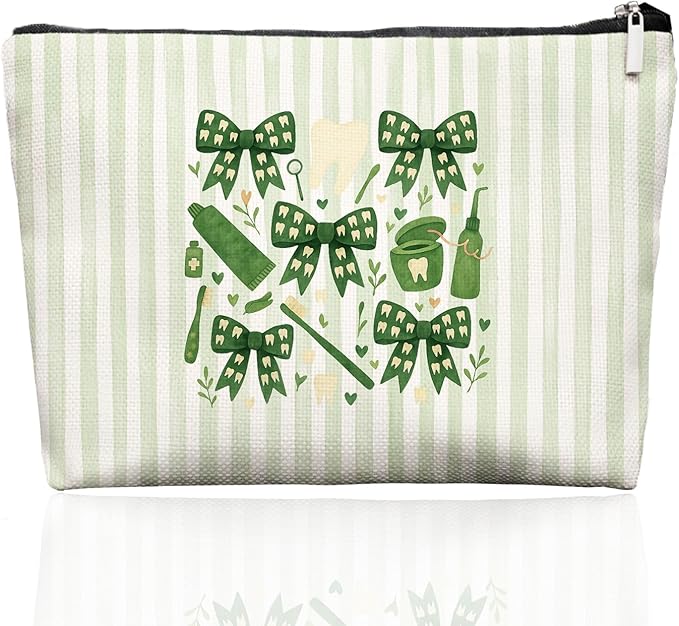 Smile Dental Care Makeup Bag, Cute Tooth & Bow Cosmetic Pouch for Dental Assistant Hygienist Dentist Gift for Women (Green)