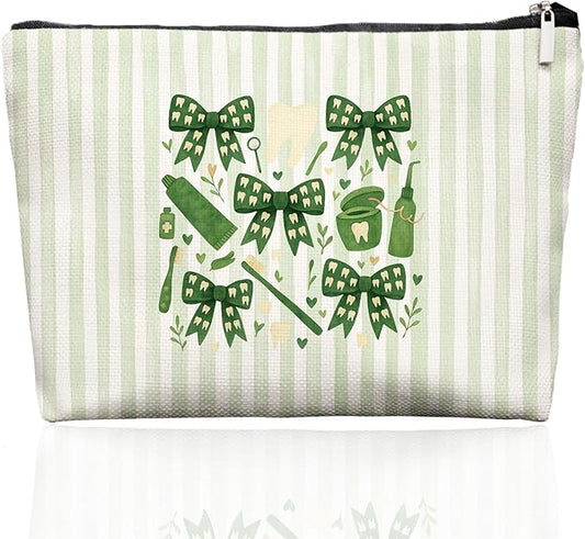 Smile Dental Care Makeup Bag, Cute Tooth & Bow Cosmetic Pouch for Dental Assistant Hygienist Dentist Gift for Women (Green)
