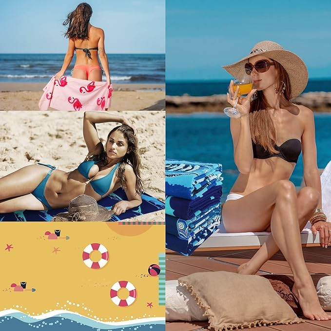 4 Packs Oversized Thin Beach Towel Set, 36 x 72 in XL Extra Large Big Soft Pool Swim Travel Towels Clearance for Adult Women Men Lounge Chair Cover Accessories Essentials Fish Shells Sharks Turtles