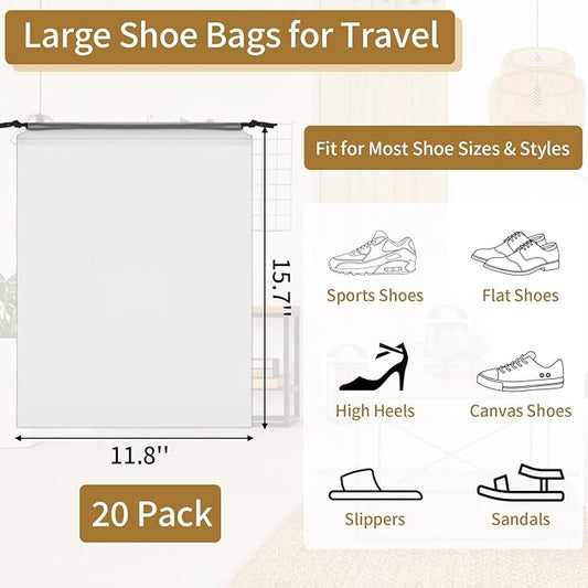 20 Pack Shoe Bags for Travel, 15.7" x 11.8" Clear Travel Shoe Bags for Packing, Large Waterproof Portable Drawstring Travel Shoe Storage Bag Travel Essentials Women for and Men