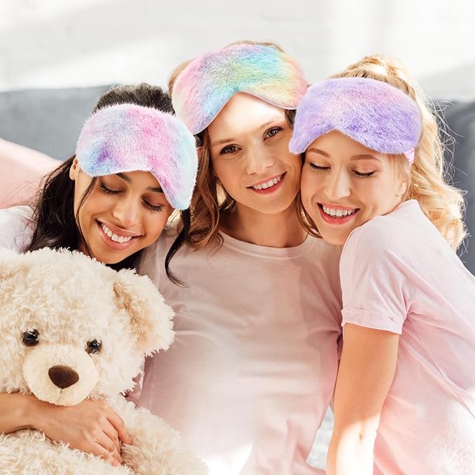 Cuffbow 6 Pcs Plush Sleep Eye Mask Silk Furry Eye Covers for Sleeping Cute Sleep Mask Fluffy Comfortable Sleeping Blindfold for Travel Sleepover Nap Party Supply Women(Tie Dye,Rainbow)