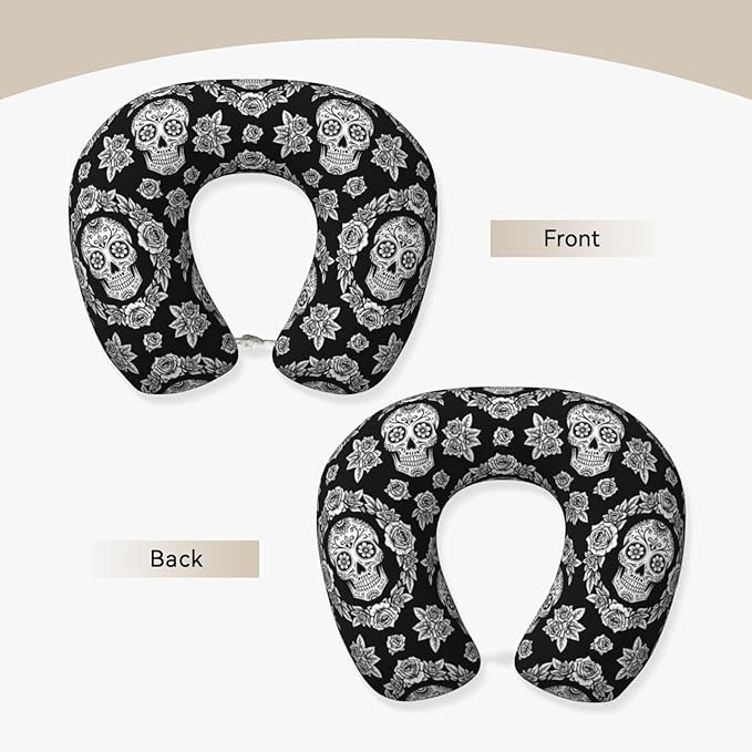 Travel Neck Pillows for Sleeping Rest Car Airplanes Black and White Floral Day of The Dead Mexican Sugar Skulls, Memory Foam with Removable Breathable Zipper Cover Washable for Men Women