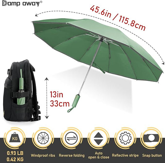 Windproof Travel Umbrella for Rain, Large Portable Reverse Folding Car Umbrella, Inverted Design, Compact Auto Open Close with Durable Waterproof Canopy, Fits Backpack/Women Men, 45.6 Inch